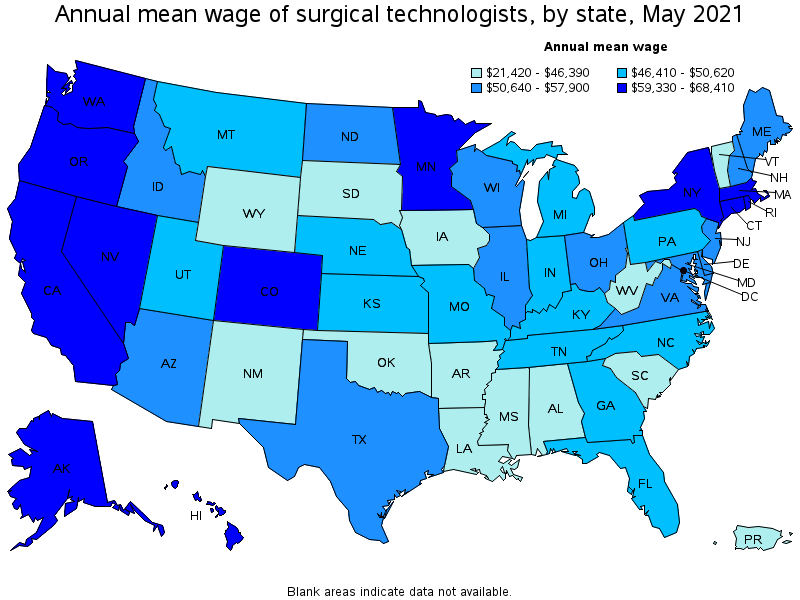 Map of annual mean wages of surgical technologists by state, May 2021