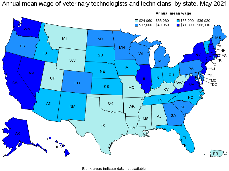 Map of annual mean wages of veterinary technologists and technicians by state, May 2021