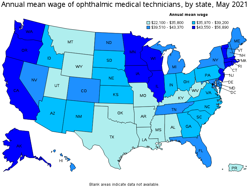 Map of annual mean wages of ophthalmic medical technicians by state, May 2021