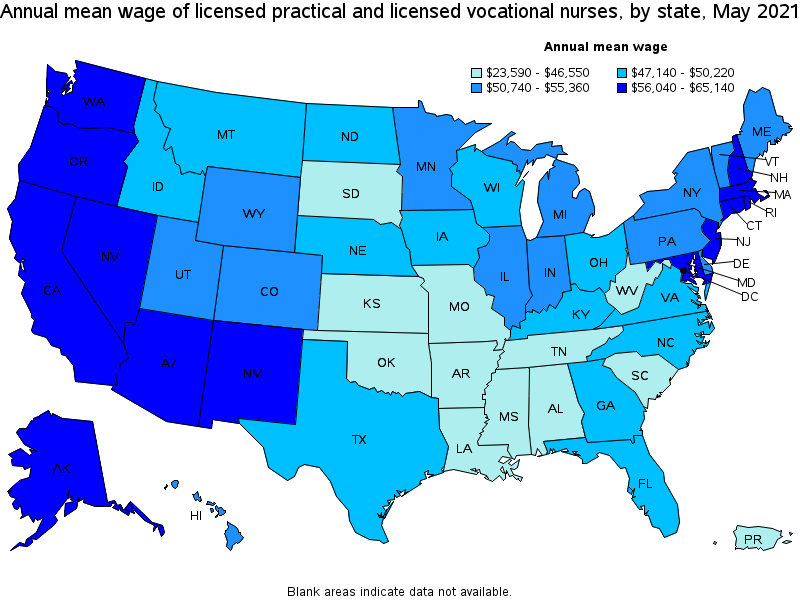 Map of annual mean wages of licensed practical and licensed vocational nurses by state, May 2021
