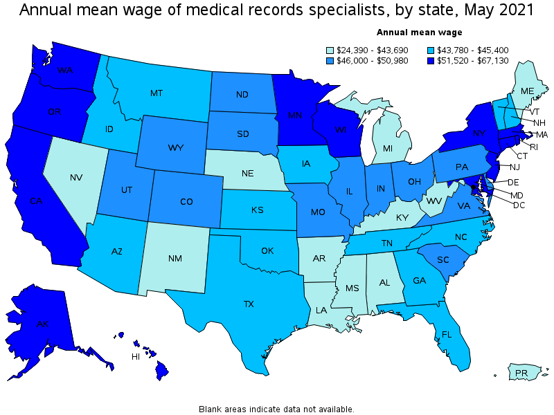 Map of annual mean wages of medical records specialists by state, May 2021