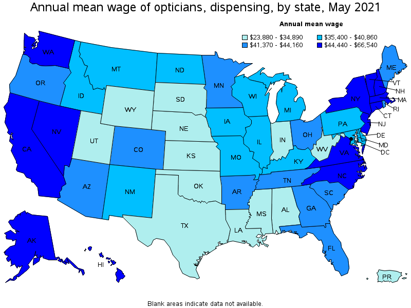 Map of annual mean wages of opticians, dispensing by state, May 2021