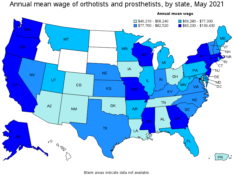 Map of annual mean wages of orthotists and prosthetists by state, May 2021