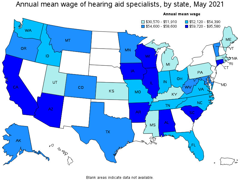 Map of annual mean wages of hearing aid specialists by state, May 2021