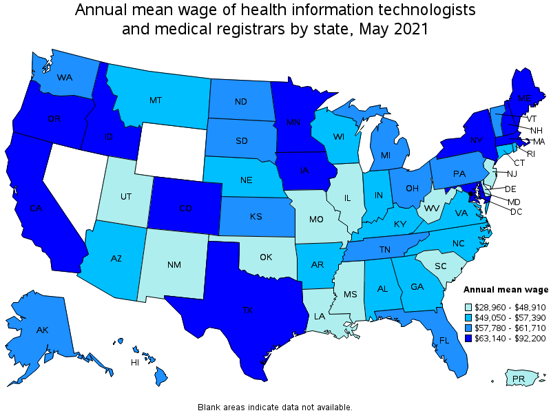 Map of annual mean wages of health information technologists and medical registrars by state, May 2021