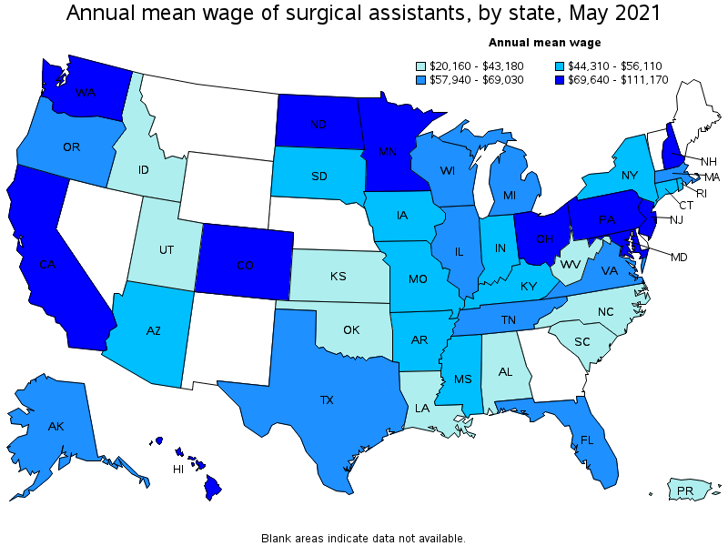 Map of annual mean wages of surgical assistants by state, May 2021