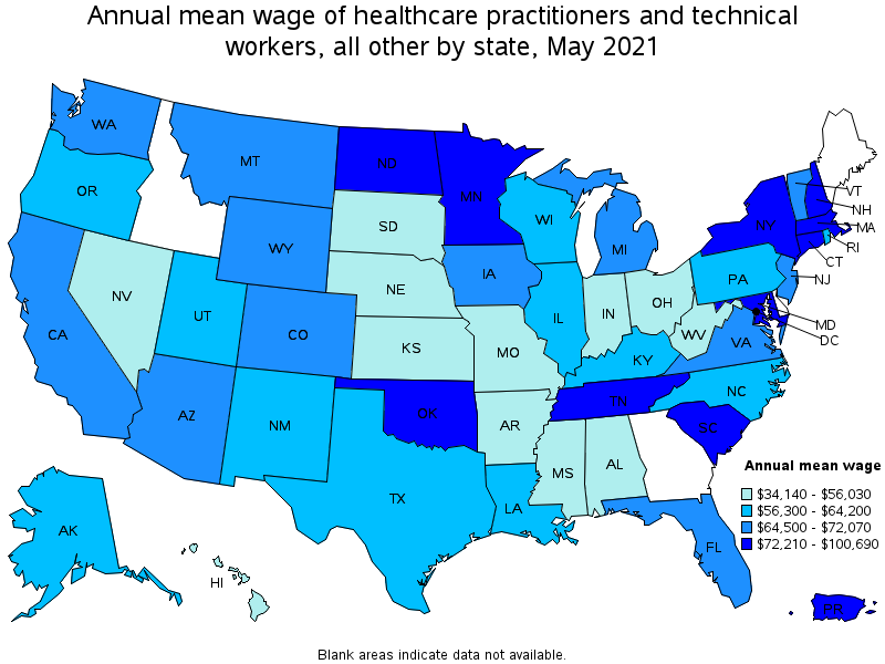 Map of annual mean wages of healthcare practitioners and technical workers, all other by state, May 2021