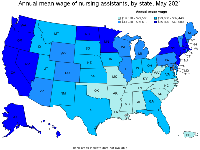 Map of annual mean wages of nursing assistants by state, May 2021
