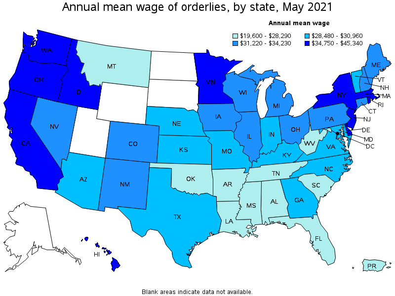 Map of annual mean wages of orderlies by state, May 2021