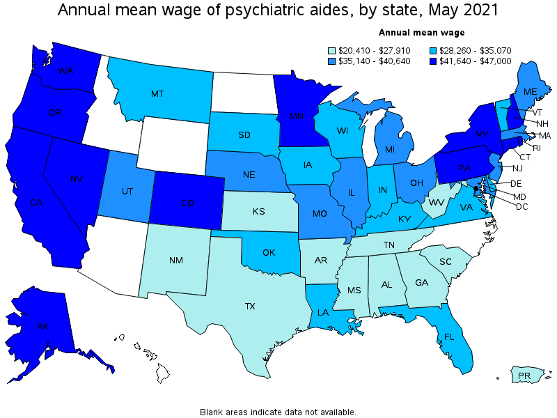 Map of annual mean wages of psychiatric aides by state, May 2021
