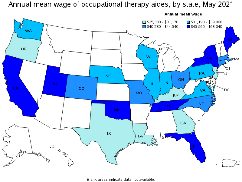 Map of annual mean wages of occupational therapy aides by state, May 2021