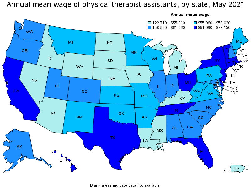 Map of annual mean wages of physical therapist assistants by state, May 2021