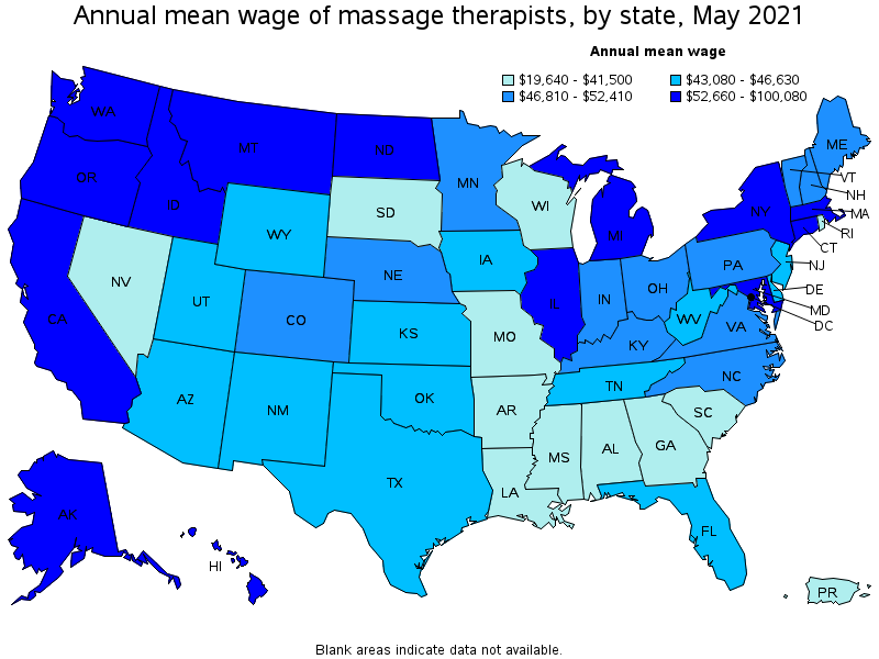 Map of annual mean wages of massage therapists by state, May 2021