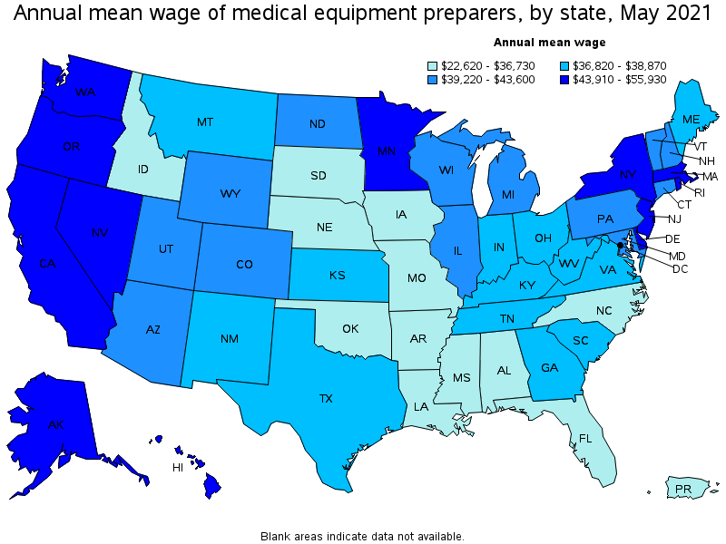 Map of annual mean wages of medical equipment preparers by state, May 2021