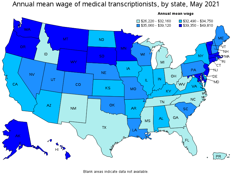 Map of annual mean wages of medical transcriptionists by state, May 2021