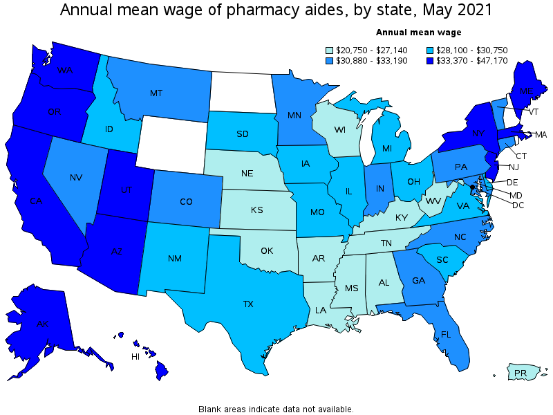 Map of annual mean wages of pharmacy aides by state, May 2021