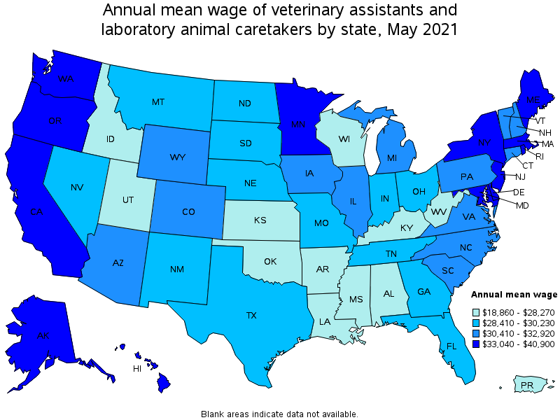 Map of annual mean wages of veterinary assistants and laboratory animal caretakers by state, May 2021