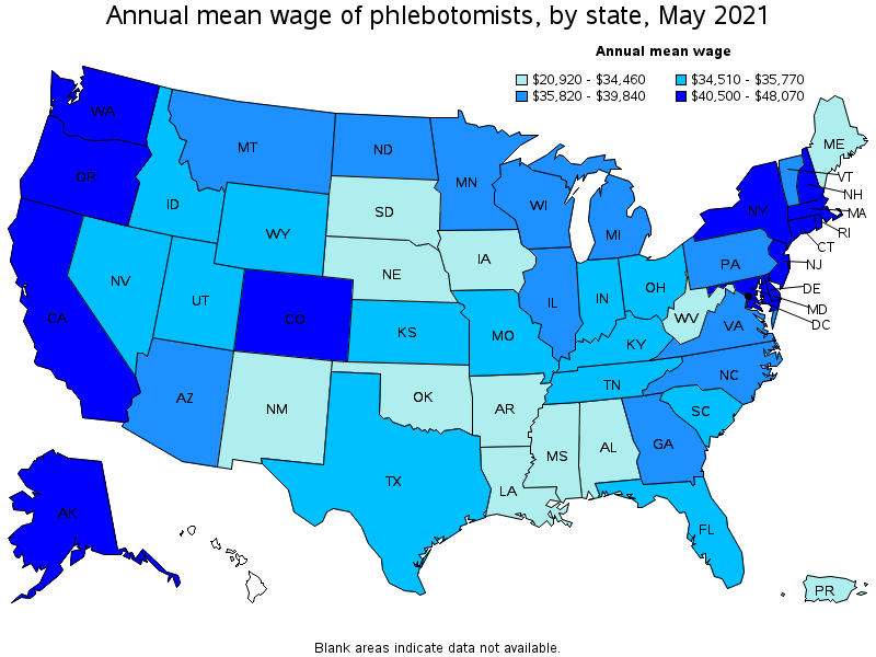 Map of annual mean wages of phlebotomists by state, May 2021