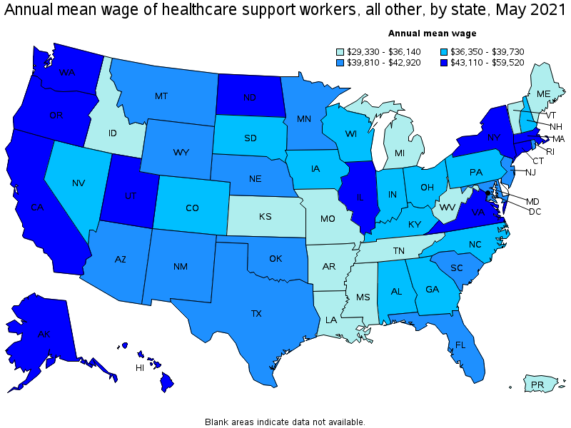 Map of annual mean wages of healthcare support workers, all other by state, May 2021