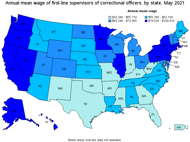 Map of annual mean wages of first-line supervisors of correctional officers by state, May 2021