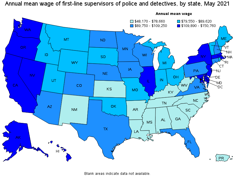 Map of annual mean wages of first-line supervisors of police and detectives by state, May 2021