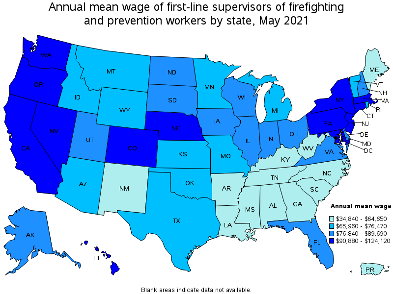 Map of annual mean wages of first-line supervisors of firefighting and prevention workers by state, May 2021