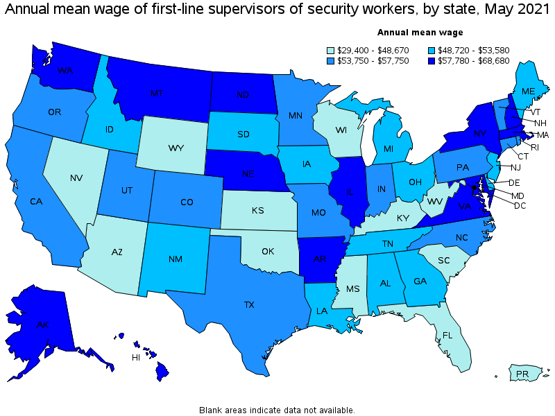 Map of annual mean wages of first-line supervisors of security workers by state, May 2021