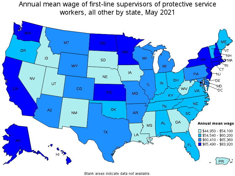 Map of annual mean wages of first-line supervisors of protective service workers, all other by state, May 2021