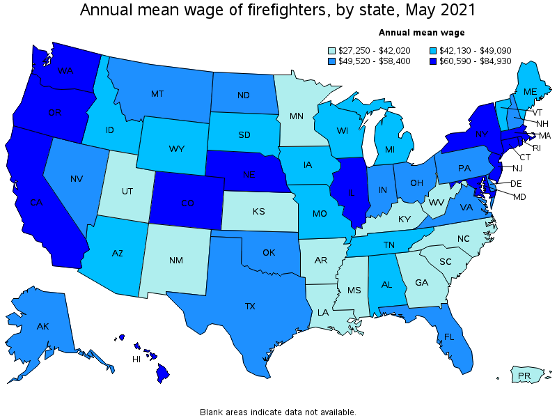 Map of annual mean wages of firefighters by state, May 2021