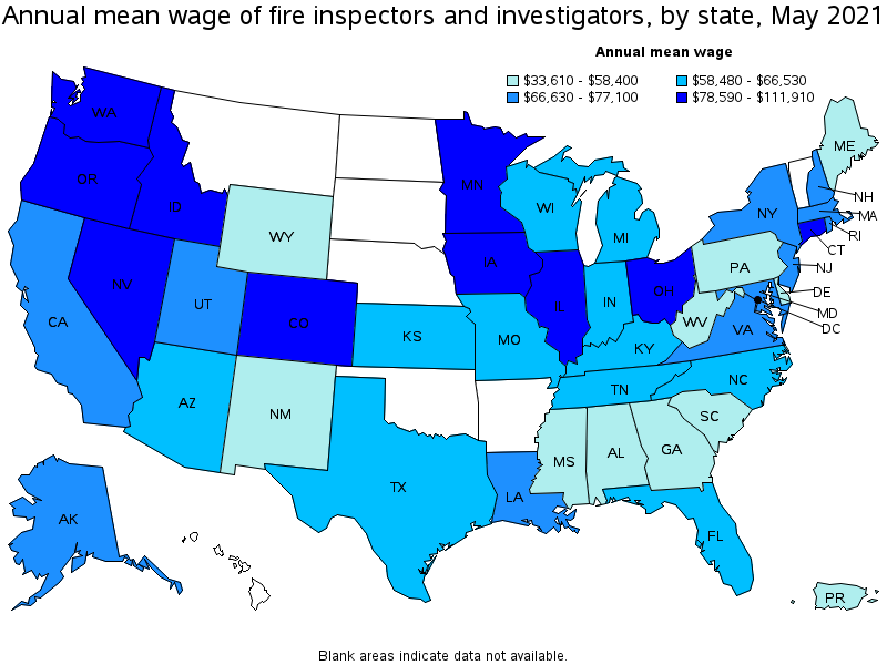 Map of annual mean wages of fire inspectors and investigators by state, May 2021