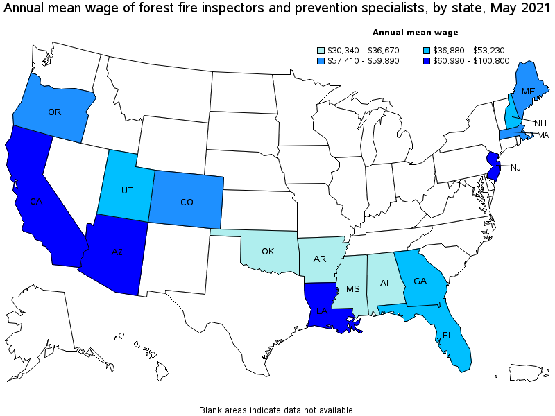 Map of annual mean wages of forest fire inspectors and prevention specialists by state, May 2021