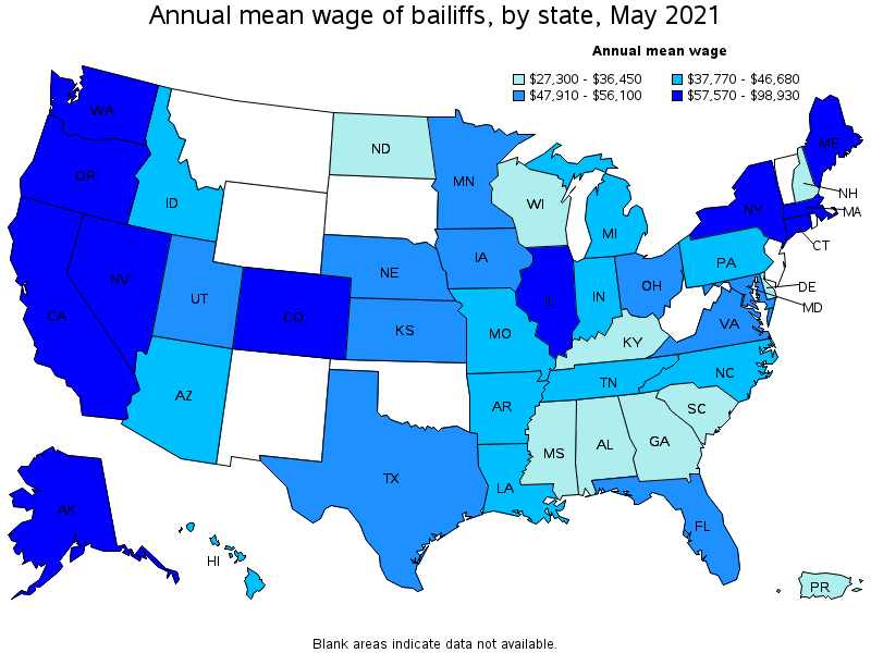 Map of annual mean wages of bailiffs by state, May 2021
