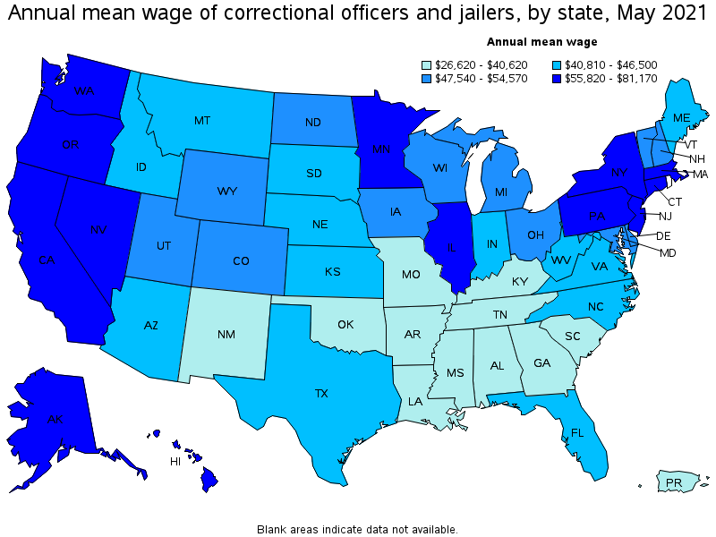 Map of annual mean wages of correctional officers and jailers by state, May 2021