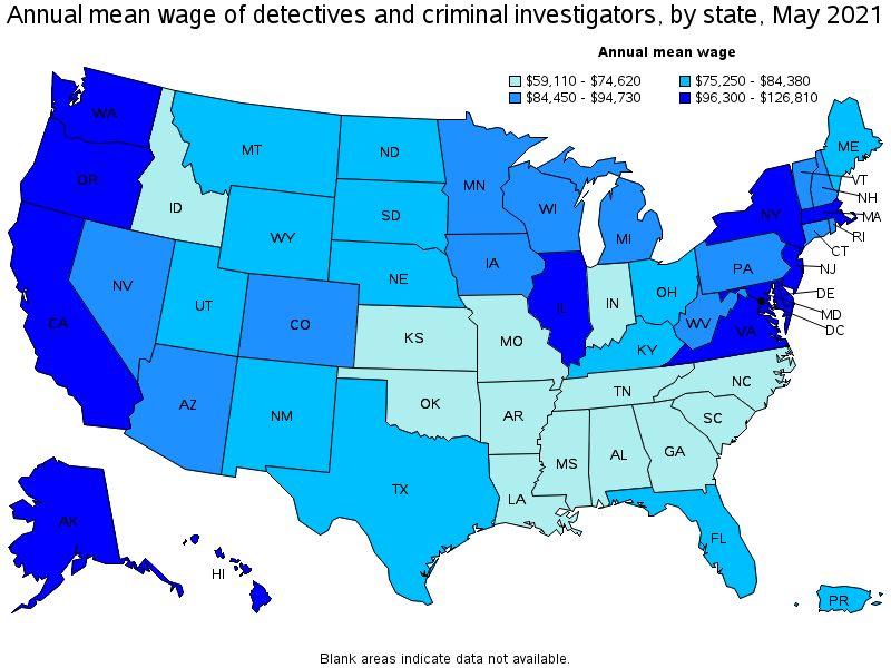 Map of annual mean wages of detectives and criminal investigators by state, May 2021