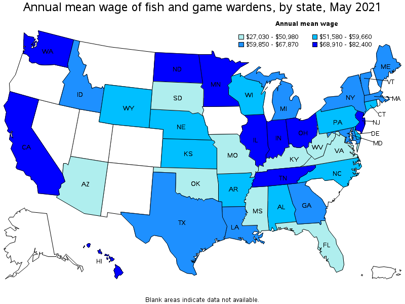 Map of annual mean wages of fish and game wardens by state, May 2021