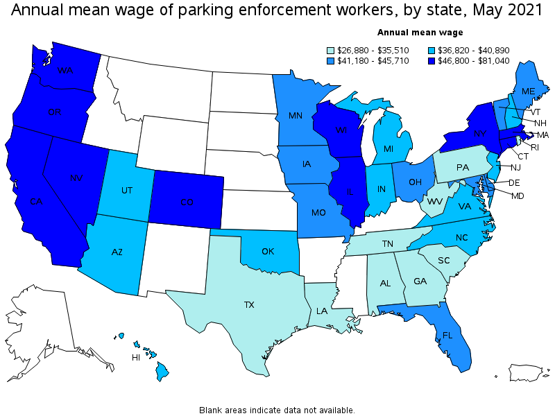 Map of annual mean wages of parking enforcement workers by state, May 2021