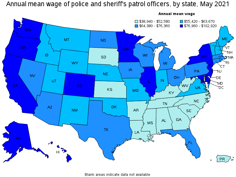Map of annual mean wages of police and sheriff's patrol officers by state, May 2021