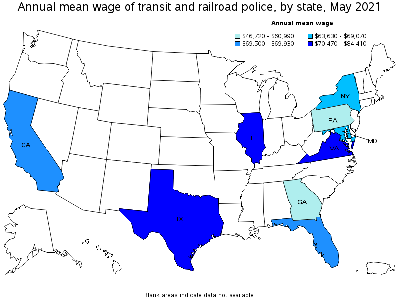 Map of annual mean wages of transit and railroad police by state, May 2021