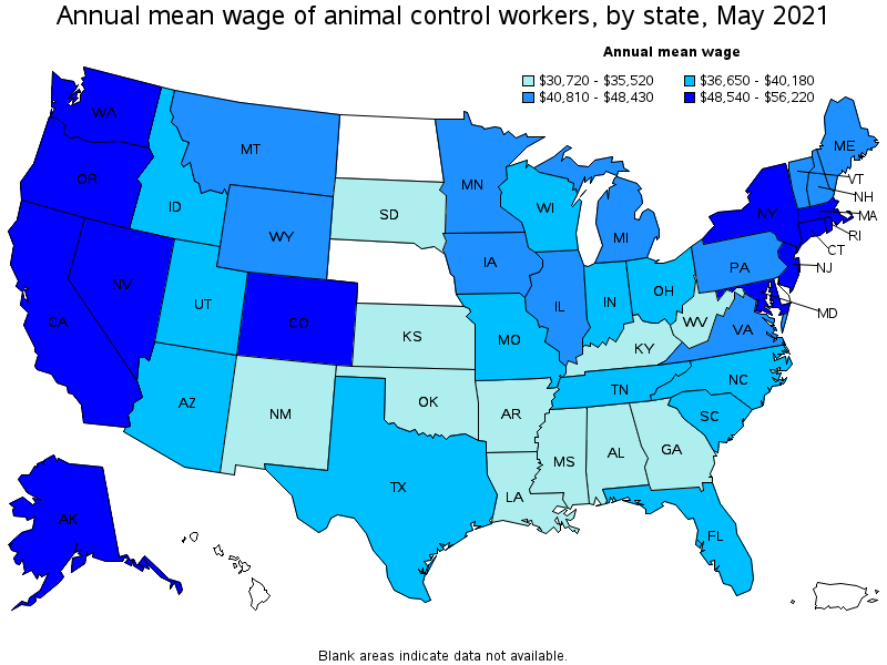 Map of annual mean wages of animal control workers by state, May 2021