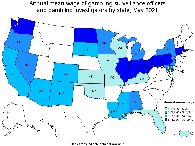 Map of annual mean wages of gambling surveillance officers and gambling investigators by state, May 2021