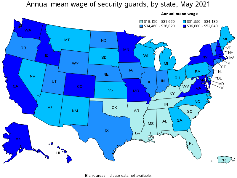 Map of annual mean wages of security guards by state, May 2021