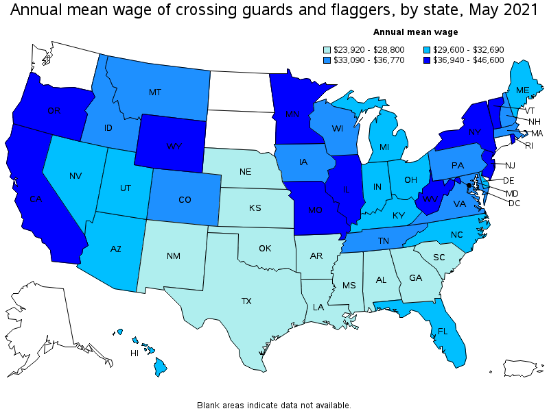 Map of annual mean wages of crossing guards and flaggers by state, May 2021
