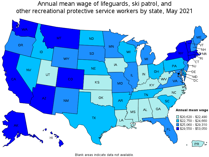 Map of annual mean wages of lifeguards, ski patrol, and other recreational protective service workers by state, May 2021
