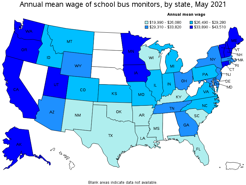 Map of annual mean wages of school bus monitors by state, May 2021