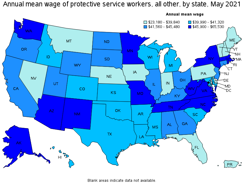 Map of annual mean wages of protective service workers, all other by state, May 2021