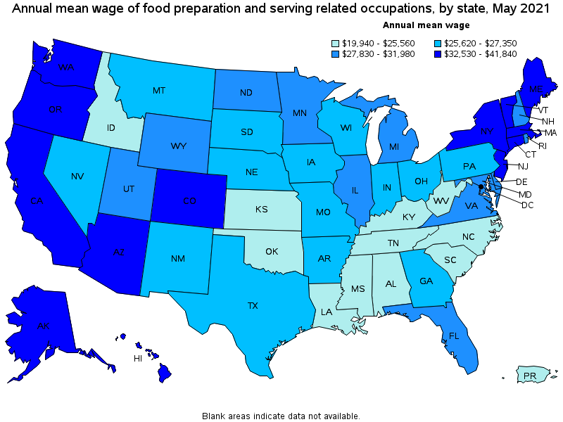 Map of annual mean wages of food preparation and serving related occupations by state, May 2021