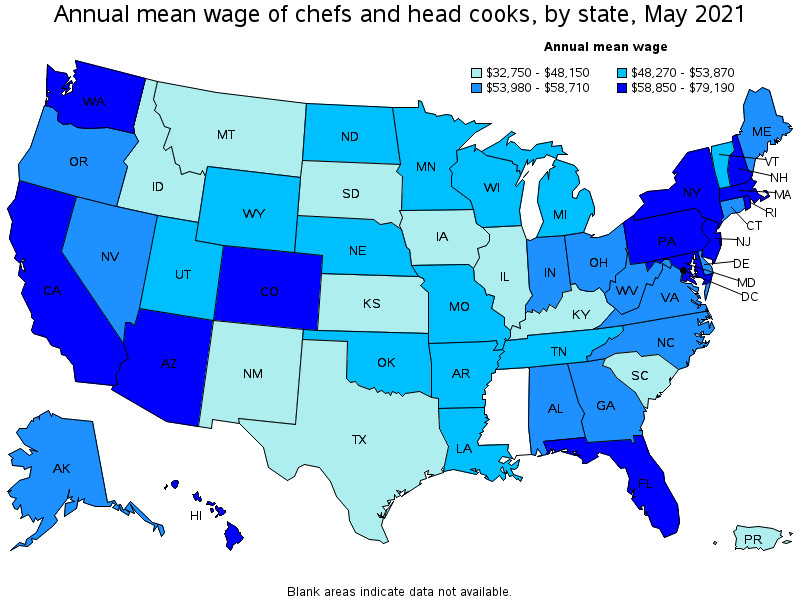 Map of annual mean wages of chefs and head cooks by state, May 2021