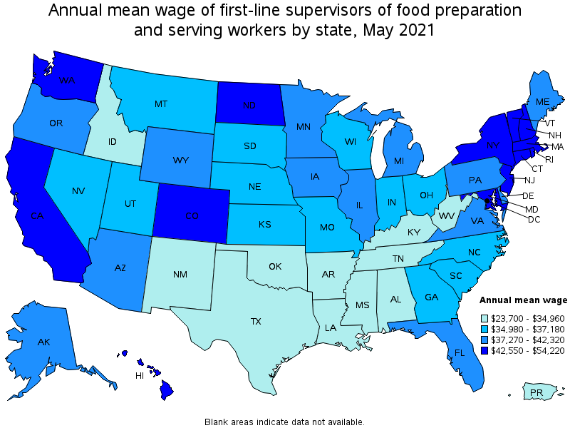 Map of annual mean wages of first-line supervisors of food preparation and serving workers by state, May 2021