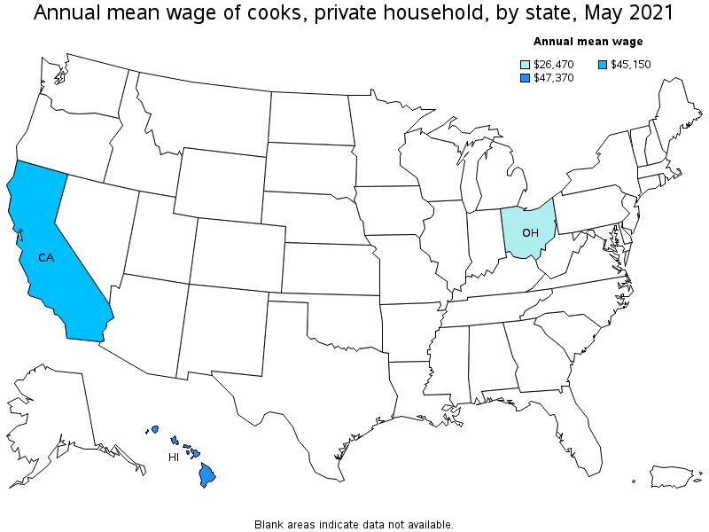 Map of annual mean wages of cooks, private household by state, May 2021