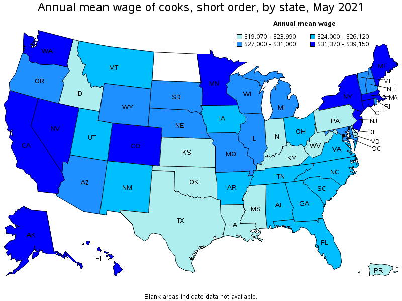 Map of annual mean wages of cooks, short order by state, May 2021